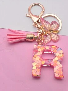 1 Miếng Ban đầu Bảng chữ cái tiếng Anh Móc chìa khóa Với Màu hồng Tim & Polyresin Chi tiết Loại bướm Tua Đối với phụ nữ Cái túi Đồ trang trí & Qủa tặng - Hồng - Xem 2