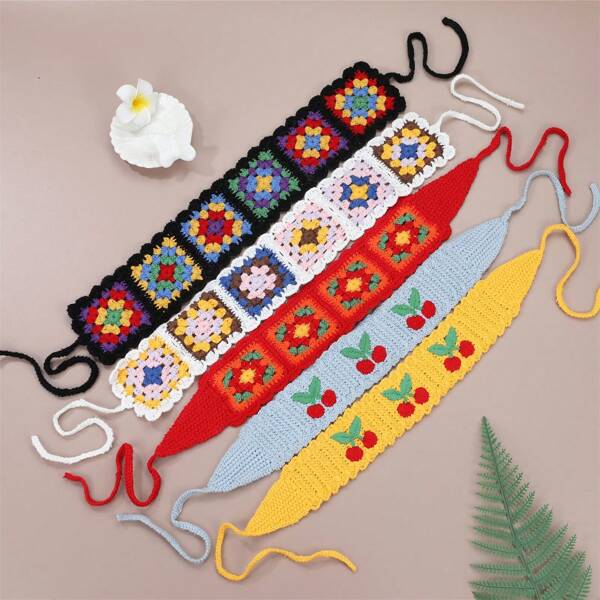 قطعة واحدة شريط للشعر بوهيمي مطرز بالكروشيه على شكل كرز، شريط للرأس تربان بوهو، شريط امتصاص العرق