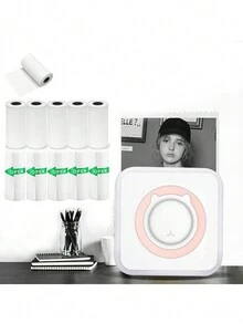 Mini Thermal Printer With 11 Rolls Printing Paper, Portable Inkless Photo Printer, Can Print Photos, Lists, Memos, Qr Codes, Notes, Suitable For Android And Ios Phones - Pink - View 1