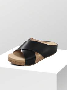 Women's Slide Sandals Slip On Open Toe Cute Platform Criss Cross Flat Sandals For Summer - Black - View 4