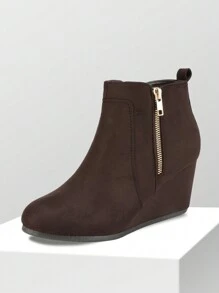 Women's Suede Low Hidden Wedge Heel Ankle Boots Round Toe Side Zipper Outside Zip For Decoration Good For Work And Date - 咖啡棕 - 查看 7