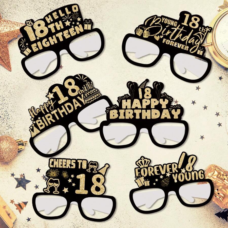 6 件 18 岁生日派对纸质黑金色眼镜，生日派对装饰和拍照道具，生日快乐，圣诞节 - 18歲 - 查看 1