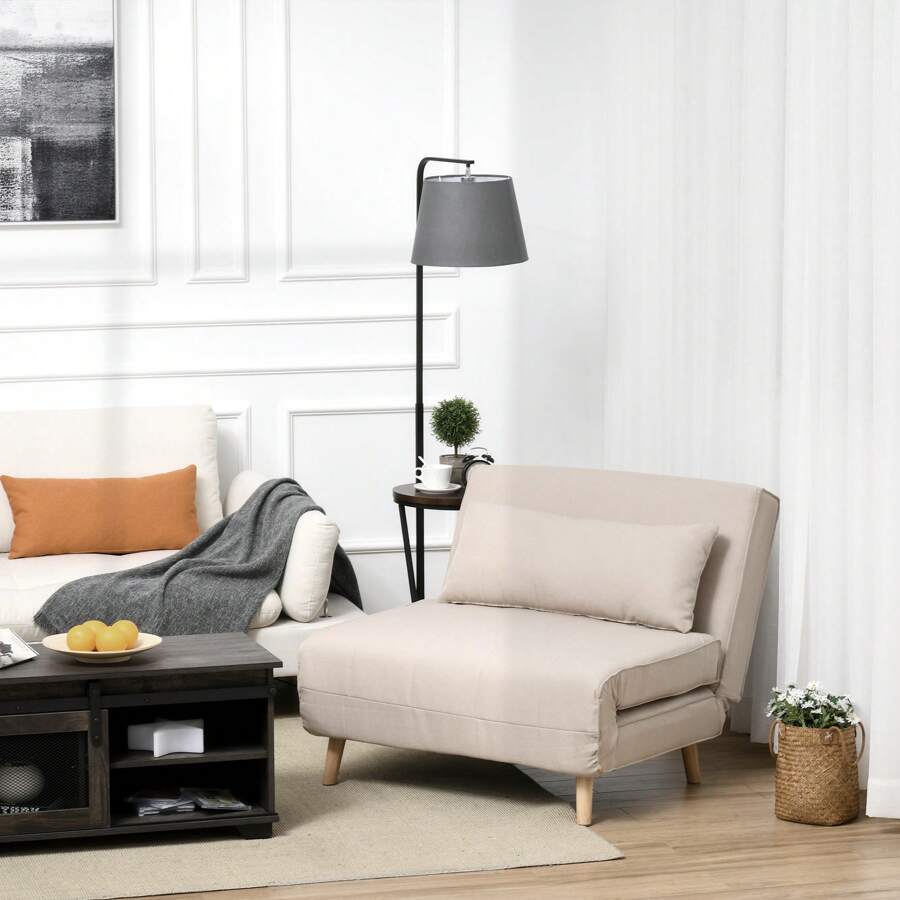 HOMCOM Sofá Cama Individual Tapizada con Almohada Acolchado y Respaldo Ajustable en 6 Posiciones Patas Plegables Ocultas 94x78x80 cm Beige