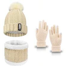 女性針織帽圍手套三件套,冬季寒冷天氣鞋帽套裝,帶有針織毛帽觸控手套環形頸巾適用於運動戶外,米白色 - 米色 - 查看 1