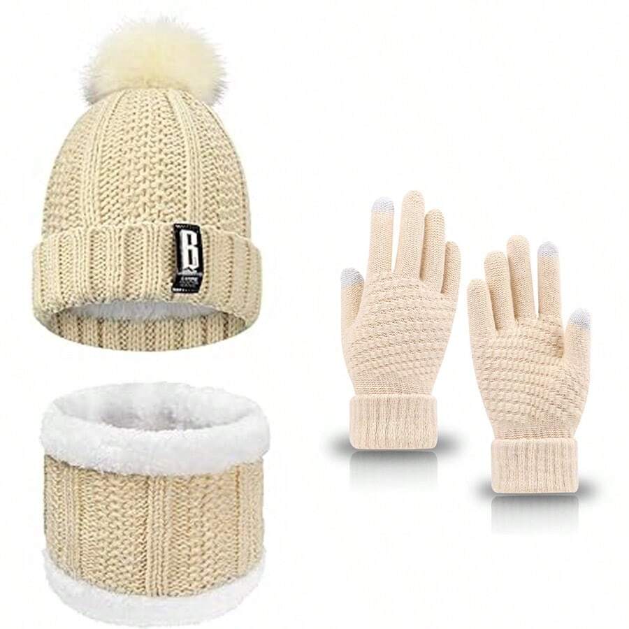 女性針織帽圍手套三件套,冬季寒冷天氣鞋帽套裝,帶有針織毛帽觸控手套環形頸巾適用於運動戶外,米白色 - 米色 - 查看 1