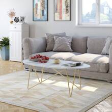 Furchen Tavolino Salotto, Effetto Marmo, Tavolino Soggiorno, Tavolino da Salotto Ovale, Tavolino da Salotto Moderno, con Gambe in Metallo, Grande, 120x60x41cm - Dorato - Visualizzare 6