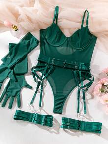 Mesh Sexy Bodysuit And Lingerie Set - Green - View 7