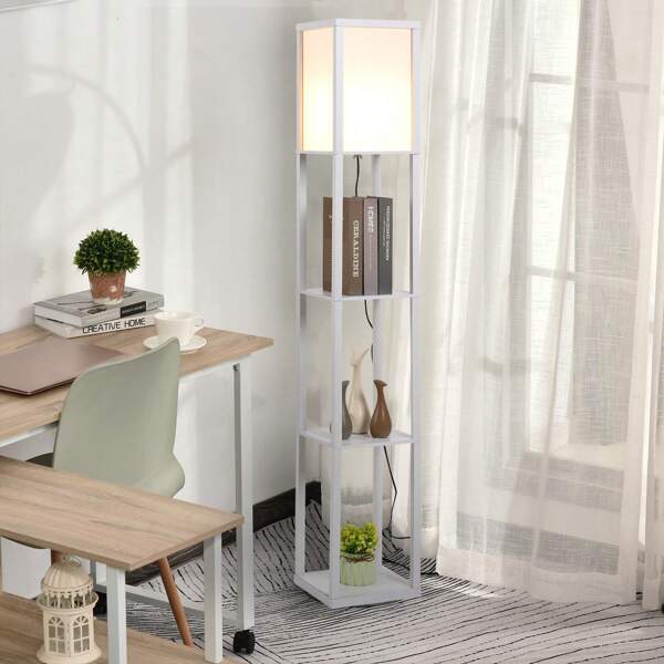 HOMCOM Lámpara de Pie de Madera con 3 Estantes de Almacenaje para Bombilla E27 Potencia Máx. 40W Lámpara Moderna para Salón Dormitorio 26x26x160 cm