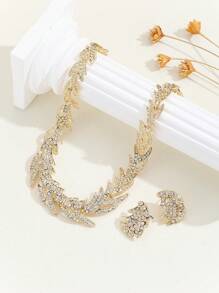3入組/套金色麥穗和鑽石吊墜耳環和項鍊,女士精美婚禮首飾 - 金黃色 - 查看 1