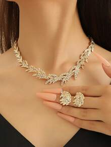 3入組/套金色麥穗和鑽石吊墜耳環和項鍊,女士精美婚禮首飾 - 金黃色 - 查看 5