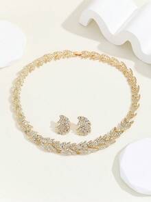 3入組/套金色麥穗和鑽石吊墜耳環和項鍊,女士精美婚禮首飾 - 金黃色 - 查看 3