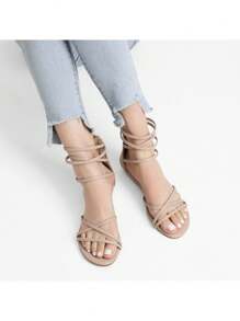 Women's Ankle Strap Rhinestones Low Wedge Sandals - 藕粉色 - 查看 8