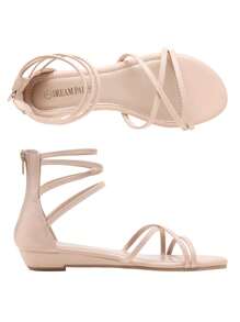 Women's Ankle Strap Rhinestones Low Wedge Sandals - 藕粉色 - 查看 6