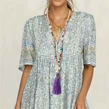 1 Pieza Collar Largo De Borla Con Cuentas Coloridas Y Dije De Piedra, Joyería Bohemia De Verano Para Mujeres, Regalo Creativo Para Cumpleaños Y Vacaciones