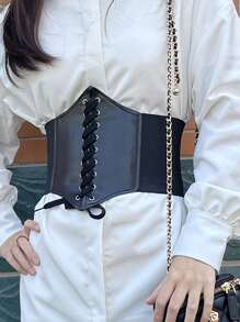 قطعة واحدة من السرواليات للنساء بخصر واسع بنمط قوطي لتنحيف الجسم غمد مستو لتسطيح البطن سرواليات بيضاء مرنة خصر عالية مزيف من الجلد أحزمة سوداء حزام السرواليات حزام الخصر، مناسب للارتداء مع الفستان، لمناسبة هالوين