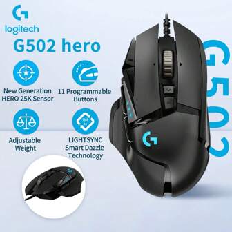 Logitech Mouse da gioco cablato G502 Hero Master, ergonomico per computer, aggiornamento completo, motore Hero 16000 DPI, RGB