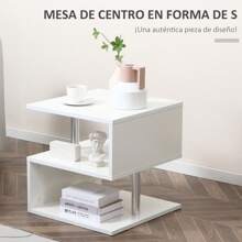 HOMCOM Mesa de Centro Café Mesa Auxiliar de Salón de Forma S con Compartimento Abierto 2 Niveles Diseño Elegante 50x50x50 cm - Blanco - Ver 3
