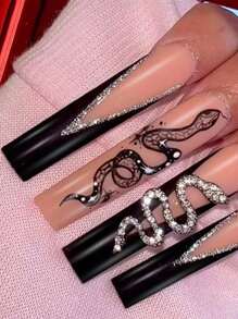 24 Cái/bộ Dài Thêm Họa Tiết Rắn Lấp Lánh Sọc Quan Tài Giả Móng Tay Mát Ấn Vào Móng Tay Bộ Dụng Cụ Làm Móng Tay Móng Tay Tiếp Liệu - Nhiều màu - Xem 1