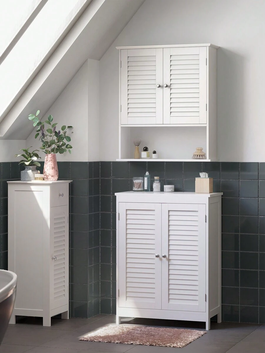 VASAGLE Armadietto da Muro, Mobiletto per Bagno da Parete, Mobile da Bagno con Ripiano Regolabile, 2 a Persiana e Scomparto Aperto, 20 x 60 x 70 cm,Blanco/Gris Místico - Blanco - Ver 1