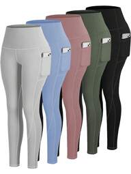 5Pcs/Set High Waist Pocket Women'S Yoga Pants Tight Compression Leggings Sports Fitness Running Pants Tights