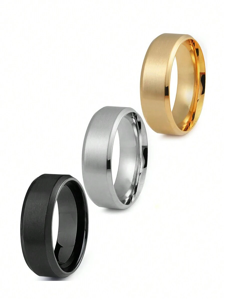 3pcs/Set Stylish Stainless Steel 8mm Matte Wedding Ring Set For Men's Everyday Use Valentine's Day Jewelry Holiday Engagement Ring Set,Mom,Mother,Mother's Day,Gift - Multicolor - View 1