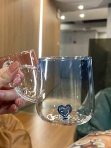 1 pieza Taza de vidrio con asa y diseño en forma de corazón, de una sola capa con degradado, creativa, resistente al calor, para jugo o bebidas de moda