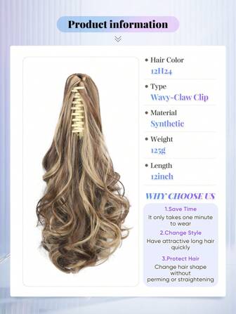 12-Inch Deep Wave Heat Resistant Synthetic Ponytail Hair Extensions, Claw Clip On, Available In Black, Light Brown, Chocolate Brown, Multi-Color, Suitable For Women's Daily Wear, Cosplay, Christmas, Music Festivals, Carnival, Holidays And Chinese New Year Gifts