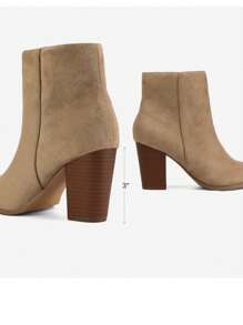 Women's Fashionable Sand Suede High Chunky Block Heel Ankle Booties Side Zipper Almond Toe Short Bootie Pumps - Camel - View 8