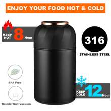 1 pieza Termo de comida aislado de 17oz en negro, Termo de acero inoxidable aislado al vacío para comida caliente, Recipiente de almuerzo aislado con cuchara plegable, Termo de comida a prueba de fugas para escuela, oficina, viajes, cocina, regalo de Navidad, útiles escolares