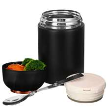1 pieza Termo de comida aislado de 17oz en negro, Termo de acero inoxidable aislado al vacío para comida caliente, Recipiente de almuerzo aislado con cuchara plegable, Termo de comida a prueba de fugas para escuela, oficina, viajes, cocina, regalo de Navidad, útiles escolares