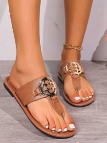 Sandalias Planas De Moda Informal Para Mujer Con Decoración Metálica Y Amortiguación Suave Entre Los Dedos