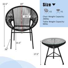3PCS Patio Acapulco Furniture Bistro Set Plastic Rope Glass Table - Black - View 2