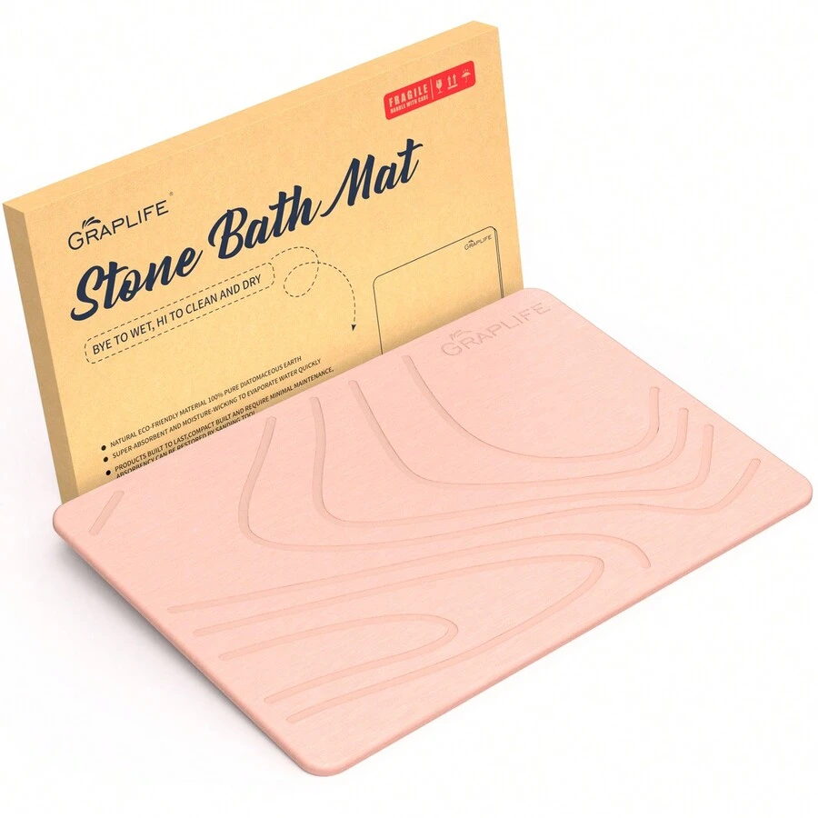 Graplife Stone Mat 23.62x15.35", Diatomaceous Earth Bath Mat, Fast Drying, With Anti Slip Pad - Pink - View 1