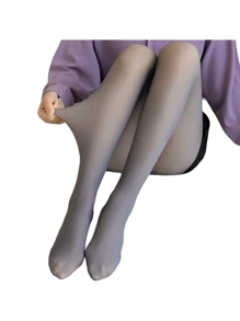 Plush Tights With Fleece Inner Lining Leggings - Dark Grey - View 1