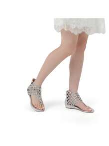 Women Rhinestones Flat Sandals Ankle High Summer Low Wedge Sandals Elegant Versatile Shoes - 銀色 - 查看 8