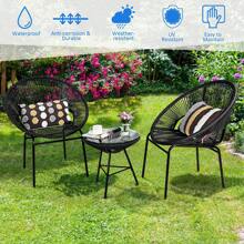 3PCS Patio Acapulco Furniture Bistro Set Plastic Rope Glass Table - Black - View 6