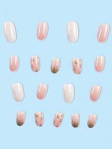 Conjunto de 24 uñas postizas ovaladas cortas con gradiente de papel dorado y brillo, convenientes para mujeres y niñas, suministros para uñas uñas falsas uña falsa uña acrílica