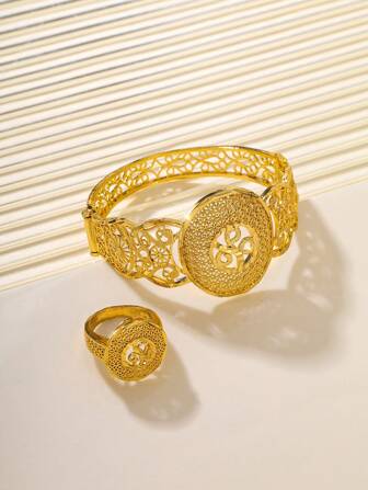 1 Set Women Jewelry Bracelet & Ring, Copper Material 24K Gold Plating, Suitable For Daily Wear, Wedding, Gift, Eid Al-Fitr