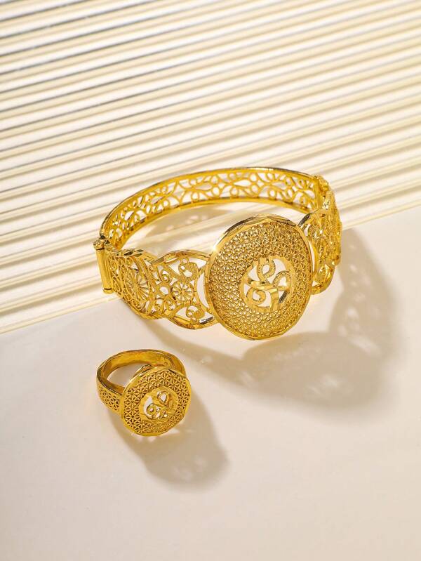 1Set Women Jewelry Bracelet & Ring, 24K Gold Plated Copper Material, Suitable For Women's Daily Wear, Wedding Jewelry, Eid Gift