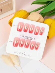 升級指甲造型 10入組短方形手工可穿戴壓克力指甲,櫻桃紅漸變法式漸變風格和1個美甲磨光器以及1個果凍膠 - 彩色 - 查看 3
