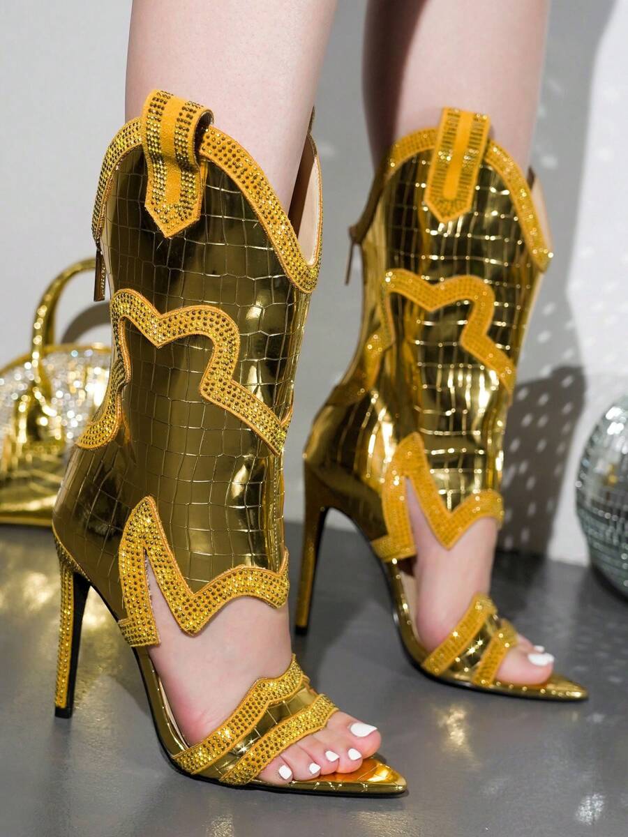 Nanaye-2 Women's Western Cowboy Rhinestone Trim Open Toe High Heels - Vàng - Xem 1