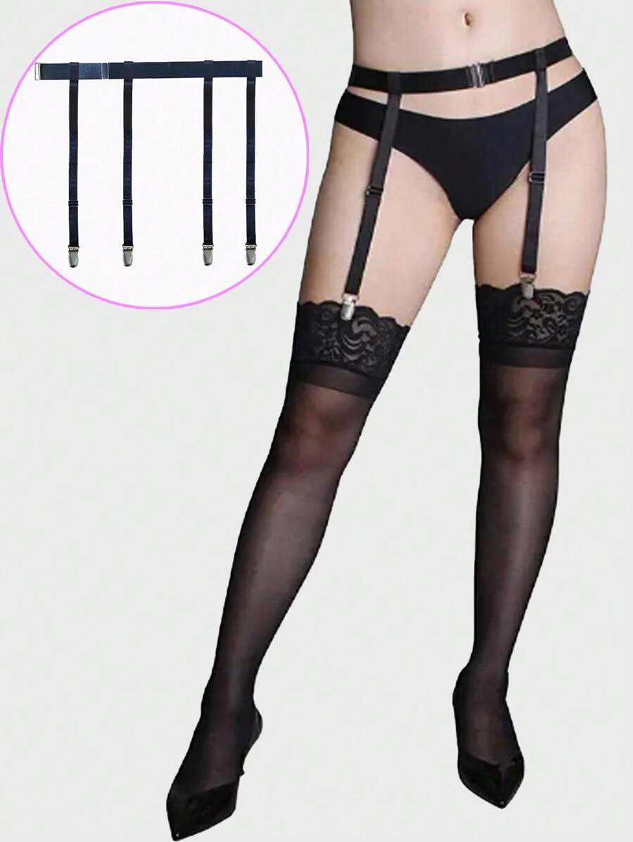 1 件黑色简约性感吊袜带，女式大腿高筒袜可调节弹性腰带，带金属夹，4/6 件金属夹弹性袜袜带，适合多种狂欢造型 - 黑色 - 查看 1