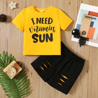PatPat Young Boy 2-Piece Letter Print Tee And Elasticized Ripped Shorts Set