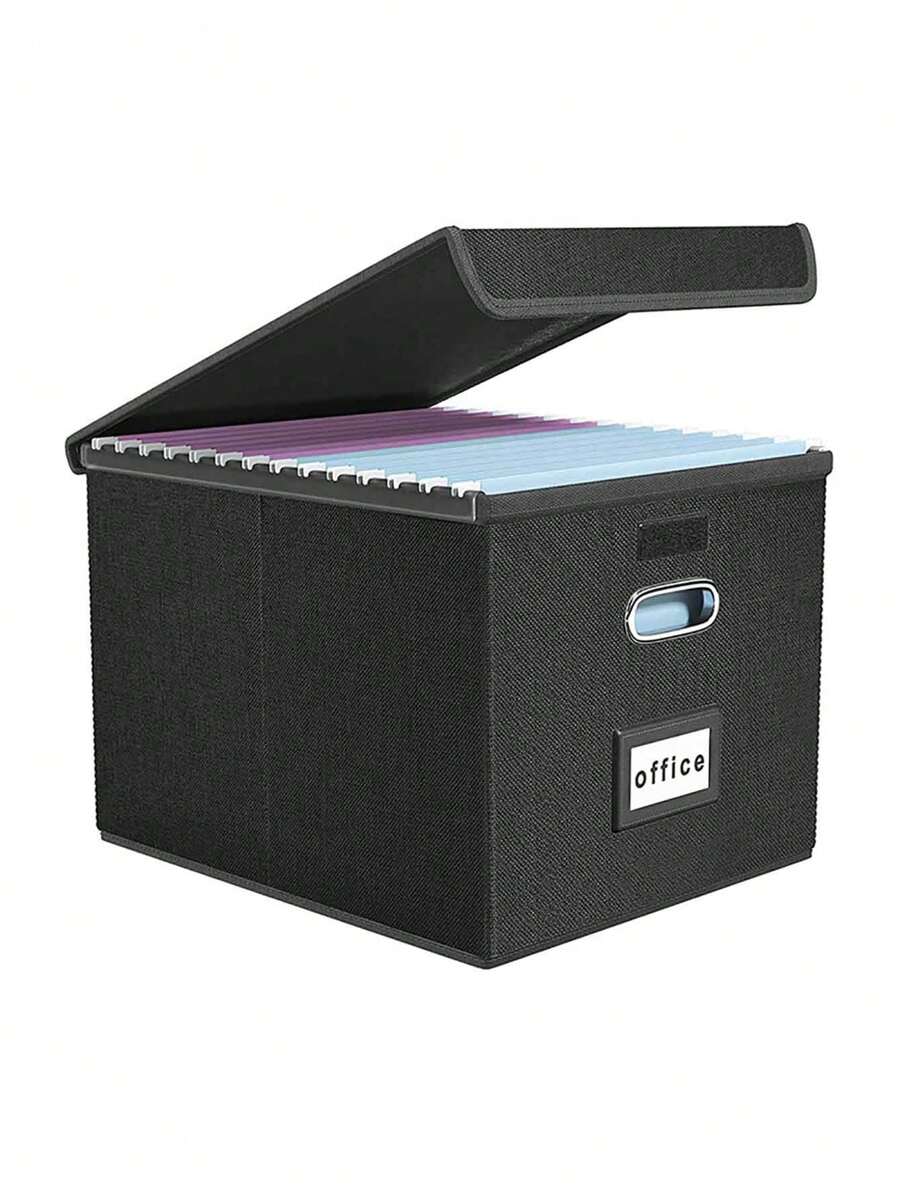 1pc File Box Organizer With Lid, Collapsible Linen/Hanging File Storage