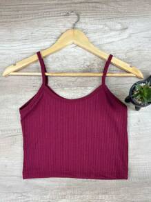 Top Cropped Alcinha Básica Canelado - Caminhada, Academia, Dia a Dia - Blogueira. - Vinho - Visão 1
