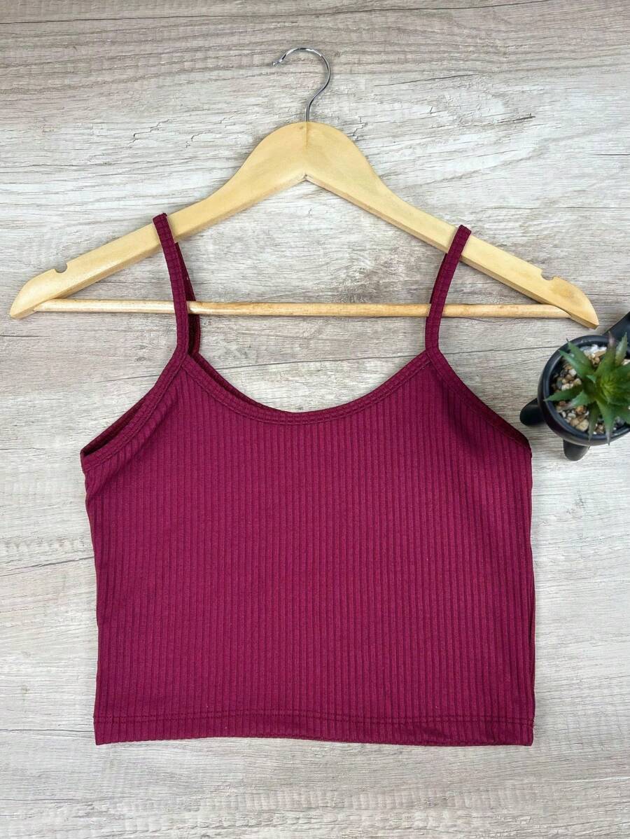 Top Cropped Alcinha Básica Canelado - Caminhada, Academia, Dia a Dia - Blogueira. - Vinho - Visão 1