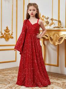 Vestido formal para niña preadolescente con cuello asimétrico y manga sencilla con lentejuelas - Rojo - Ver 4