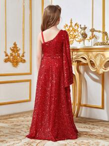 Vestido formal para niña preadolescente con cuello asimétrico y manga sencilla con lentejuelas - Rojo - Ver 2