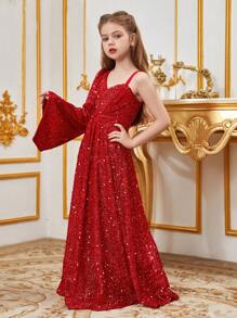 Vestido formal para niña preadolescente con cuello asimétrico y manga sencilla con lentejuelas - Rojo - Ver 5