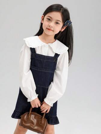 Abito in denim composto da camicia a collo Peter Pan a manica lunga e salopette per ragazze giovani, stagione primavera/autunno